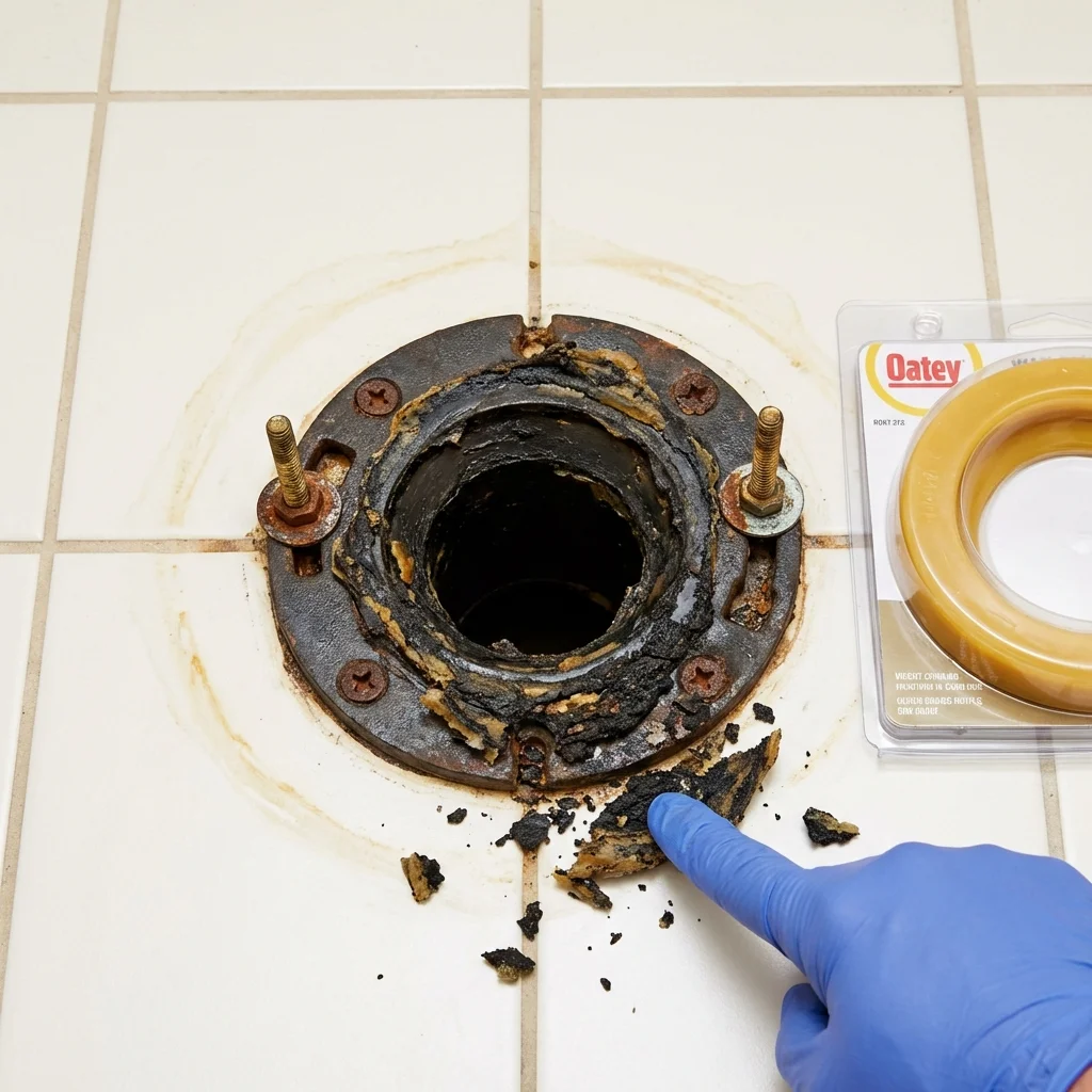 Failed wax ring showing water seepage at the base of a toilet in a Salem, IL home