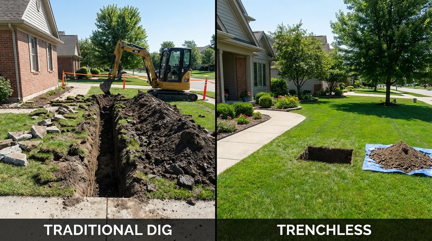 Trenchless sewer repair with minimal yard damage versus traditional excavation in Salem, IL