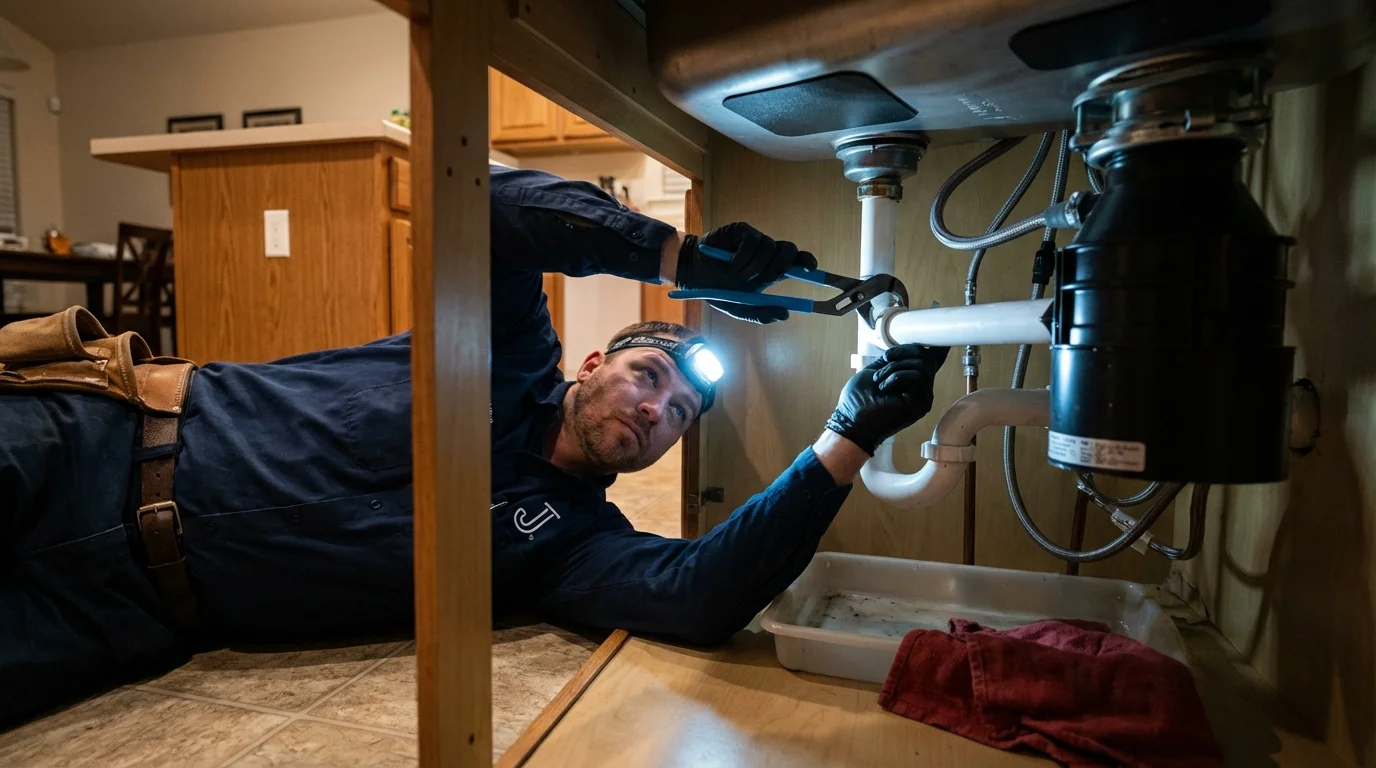 P-trap and supply line connections under a kitchen sink showing a common leak point in Salem, IL